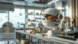 The image shows a robot chef in a futuristic kitchen. The robot is cooking a burger.