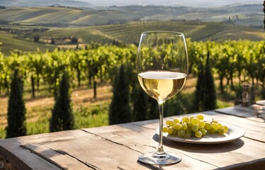  white wine and grapes on the background of the fields of Tuscany