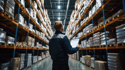 Wall Mural - A warehouse employee in a high visibility vest uses a digital tablet to manage inventory in a large distribution center. AIG41