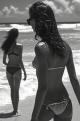 A portrait of two young girls in bikinis on the seashore. Sunny summer day.