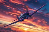 Fototapeta  - A fighter plane soaring through a fiery sunset