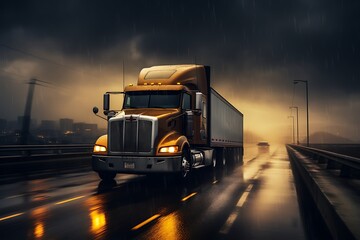 Wall Mural - Truck with container on highway, cargo transportation concept