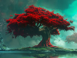 Fototapeta  - The Eternal Sentinel: A Radiant Red Arboreal Guardian Over Tranquil Waters