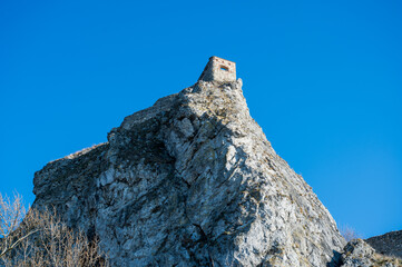 Wall Mural - Small stone building on high rocky cliff. Part of Devin Castle in Bratislava.