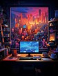 © Surachetsh - A chilling vibe wallpaper of a workroom which comes with glass walls among the near colorful buildings with a beautiful sunset view. Generative AI.