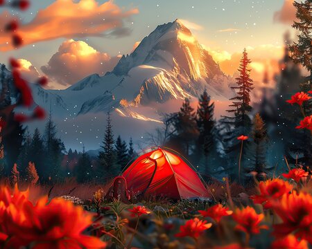 Craft a striking image of wilderness camping fused with robotic elements, depicted in a vector art format with glitch art influences, creating a unique and captivating visual representation