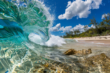 Wall Mural - The crystal-clear barrel of a wave captured from inside, with a sunny blue sky above and sparkling water all around.