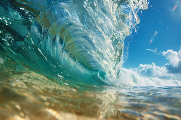 Wall Mural - The crystal-clear barrel of a wave captured from inside, with a sunny blue sky above and sparkling water all around.