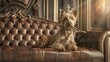 dog in a crown  sitting on leather sofa. Generative AI
