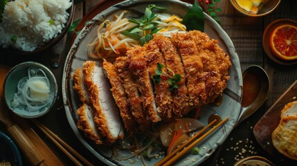 Wall Mural - Japanese or korean style Tonkatsu, crispy breading and thin slices of meat, food photography, 16:9