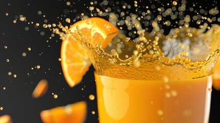 Generate a vibrant 3D rendering of orange juice splashing against a sleek black background