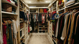 Fototapeta Uliczki - An organized walk-in closet with clothes and accessories.