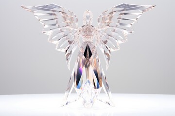 A female form statue with 2 big wings which is made of diamond, posing in a perfect stretching arms posture with majesty and confidence. Generative AI.