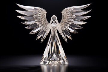 A female form statue with 2 big wings which is made of diamond, posing in a perfect stretching arms posture with majesty and confidence. Generative AI.