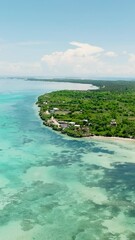 Wall Mural - Aerial view of tropical beach with palm trees and a blue ocean. Bantayan island, Philippines.