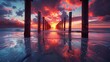 Sunset or sunrise landscape panorama of beautiful nature beach with colorful red orange and purple clouds reflected in the ocean water and columns of an old pier. Taken in Naples Florida USA.  