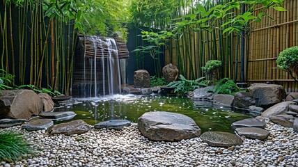 Wall Mural - serene water garden including a bamboo water fountain.