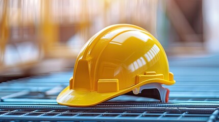 Wall Mural - Present a close-up image of a yellow safety helmet against the backdrop of construction equipment, emphasizing its role as a protector of progress.