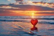 A small red heart placed gently on a sandy beach, creating a romantic backdrop with soft waves in the distance and a serene, peaceful setting that evokes love and tranquility.