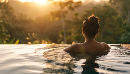 Wall Mural - A woman relaxing in an infinity pool enjoying the natural scenery of lush greenery and trees at sunset, feeling calm after her spa experience