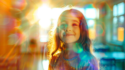 Wall Mural - Portrait of a happy girl kid letting see a bright classroom in background for back to school day with a caucasian schoolgirl