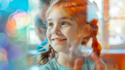 Wall Mural - Portrait of a happy girl kid letting see a bright classroom in background for back to school day with a caucasian schoolgirl