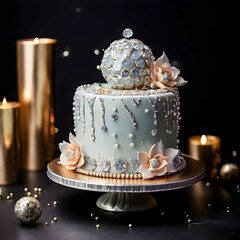 Wall Mural - wedding Cake with gem and diamonds on top, gem and diamonds decorating cake, silver ball side, worthy nice cake design with beautiful color background, high value gold cake design with ash color icing