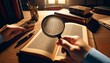 © FantasyLand86 - A close-up of a person's hand holding a magnifying glass over a page filled with small, intricate text, showing the text enlarged through the lens.