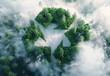 Aerial view of recycle symbol in forest with clouds accenting a perfectly recycle symbol, sustainability and earth's natural cycle