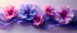 a three flowers that are on a purple and blue ribbon
