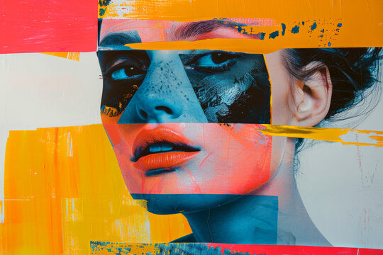 A woman's face is painted in a collage of different colors. painting is abstract. Expressing your own thoughts on the Internet. Modern collage of contemporary art. Inspiration, idea, fashion style.