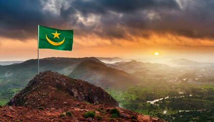 Wall Mural - The Flag of Mauritania On The Mountain.