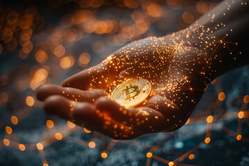 Wall Mural - Close-up of a hand holding a bright, glowing Bitcoin among sparkling gold dust, symbolizing digital wealth and cryptocurrency investment.