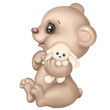 Cute Baby bear hugs rabbit toy. Infant Teddy bear cartoon hand drawn Illustration. Perfect for newborn greeting card, baby shower, kids wear design, children birthday invitation, Nursery poster