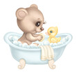 Cute cartoon Teddy Bear with duck in bathroom, Baby Bear animal bathing in the bath hand drawn illustration