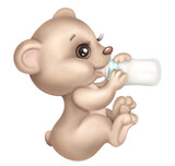 Fototapeta Boho - Cute Baby infant Teddy bear drinks milk from a bottle. Baby nutrition. Cartoon hand drawn Illustration. Perfect for baby shower invitation, kids t-shirt print, wear fashion design