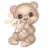 Fototapeta Boho - Cute Teddy bear hugs bunny toy. Infant Baby bear with rabbit cartoon hand drawn Illustration for newborn greeting card, baby shower, kids wear design, children birthday invitation, nursery poster