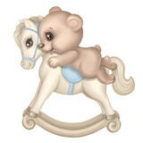 Fototapeta Boho - Cute teddy bear swings on rocking toy horse. Happy Infant Baby bear riding pony, hand drawn cartoon illustration for newborn greeting card, childrens birthday party invitation, nursery poster