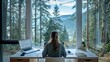 Woman working remotely from a serene forest cabin. A peaceful workspace surrounded by nature, ideal for focus and productivity. A blend of technology and tranquility. AI