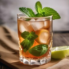 Wall Mural - A glass of iced peppermint tea with a mint leaf4