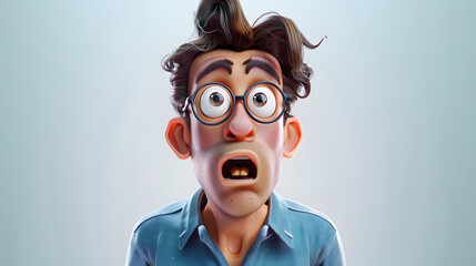 Wall Mural - Portrait of surprised shocked scared cartoon character adult man male person wearing casual blue shirt in 3d style design on light background.