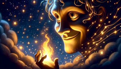 Whimsical, animated art style image depicting the scene of a close-up of Prometheus' face, with animated features, illuminated by the warm, golden glo.