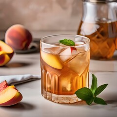 Wall Mural - A glass of peach iced tea with a peach slice2
