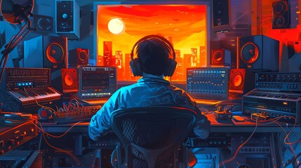 Music producer in home studio creating beats, sunset inspiration. Colorful digital illustration of audio work. Artistic representation of music creation process. AI