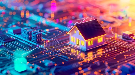 Aufkleber - Futuristic Smart Home Concept on a Circuit Board Cityscape. Colorful Technology Background Illustrating Internet of Things. AI
