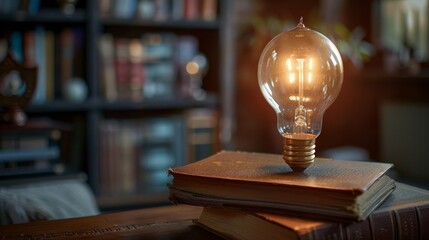 Wall Mural - A light bulb on books in a library. The power of knowledge