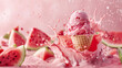 Watermelon pink ice cream in cone close up