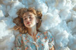 Young woman sleeping on clouds soft heaven