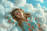 Fototapeta Tulipany - Young woman sleeping on clouds soft heaven