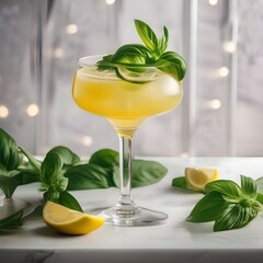 Wall Mural - A refreshing lemon basil cocktail with a lemon slice and basil garnish5